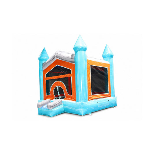 castle inflatable bounce house, three-quarter product view on white background