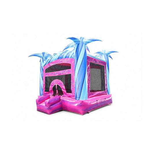 palm-themed inflatable bounce house, three-quarter product view on white background