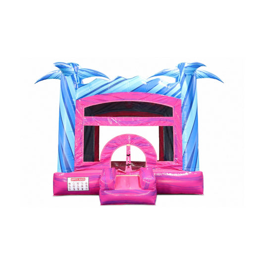 palm-themed inflatable bounce house, front defining view on white background