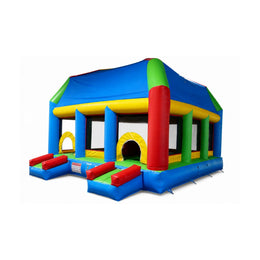 primary-color inflatable bounce house, three-quarter product view on white background