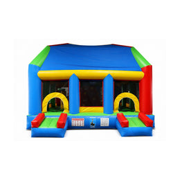 primary-color inflatable bounce house, front defining view on white background