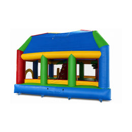 primary-color inflatable bounce house, side or rear defining view on white background