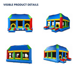 primary-color inflatable bounce house, visible exterior product details
