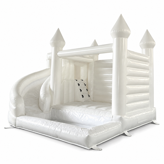 White bounce house combo with slide on a white background