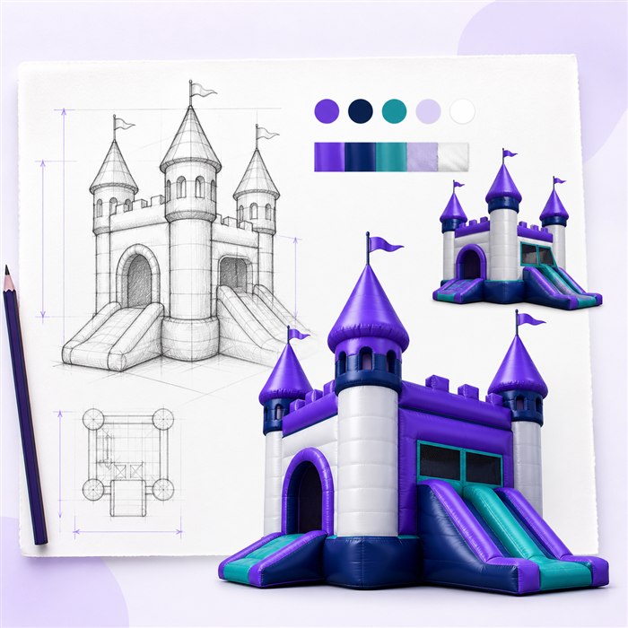 Custom inflatable castle idea shown as a design sketch and finished concept
